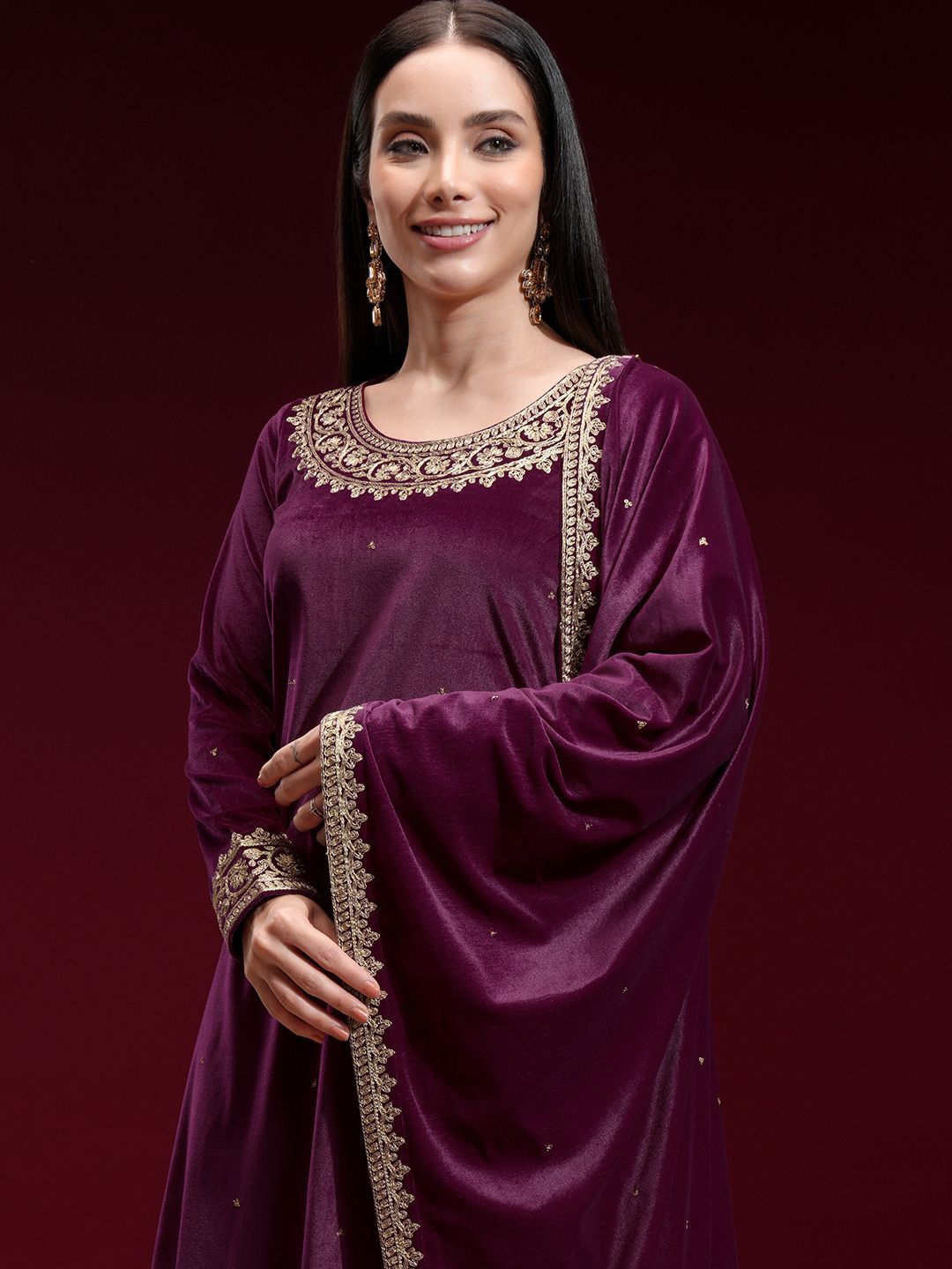 Vishudh Women Embroidered Velvet Straight Kurta with Slim Pants and Dupatta