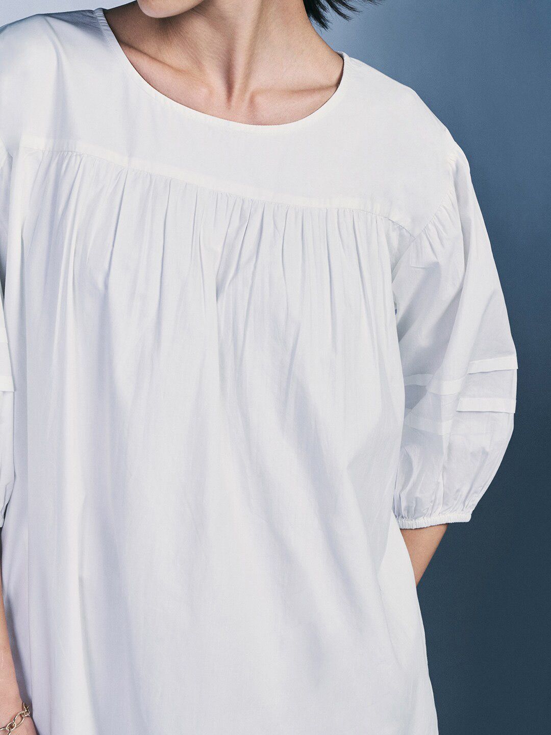AND Round Neck Three Quarter Puff Sleeves A-Line Cotton Dress
