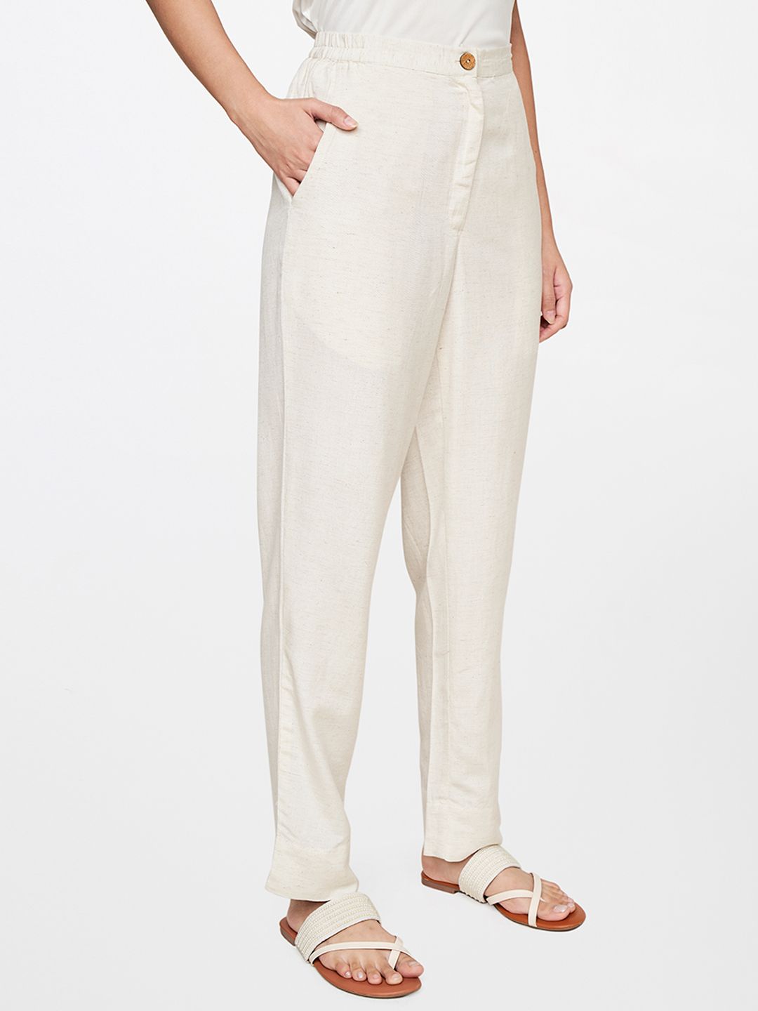 Global Desi Women Off White Straight Fit Trousers