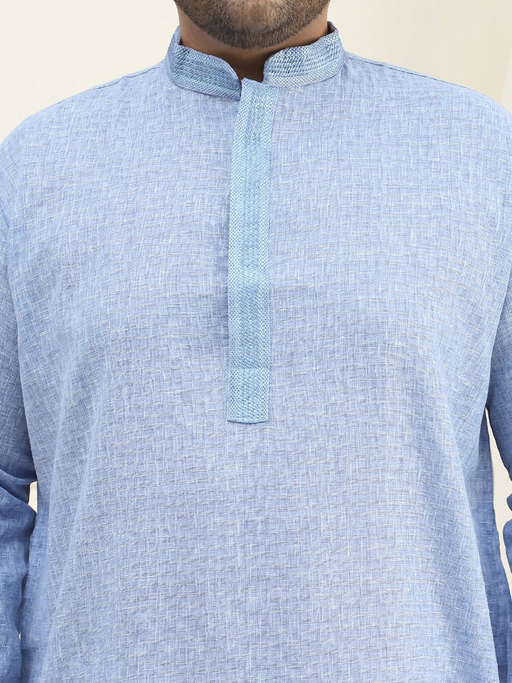SOJANYA PLUS Men Blue Pure Cotton Self Checked Straight Kurta