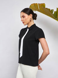 SASSAFRAS Black Shirt Collar Tie Detailed Georgette Top