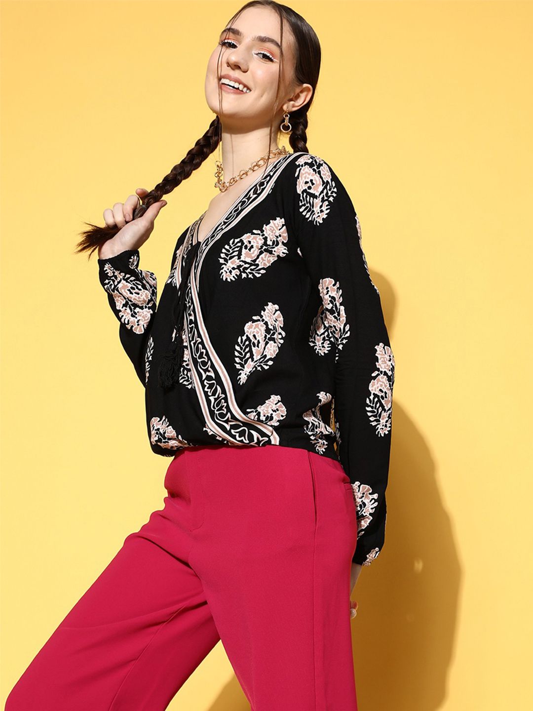 Berrylush Deep Black Floral Fluid Tie-Up Top