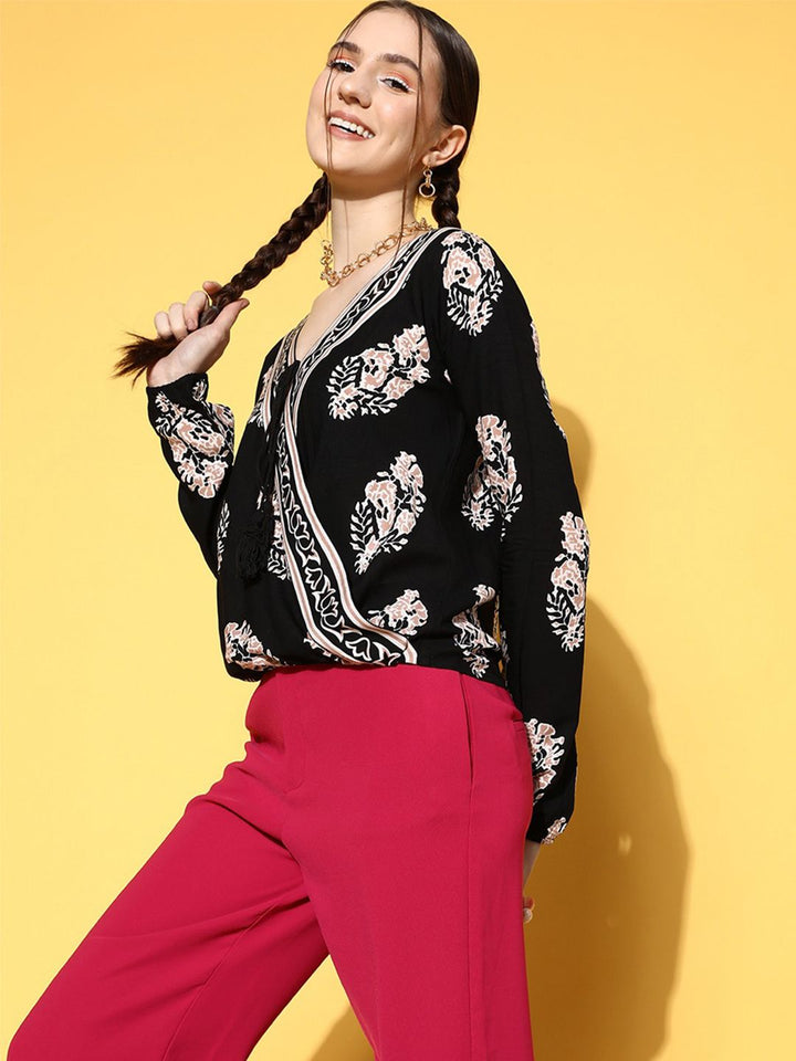 Berrylush Deep Black Floral Fluid Tie-Up Top