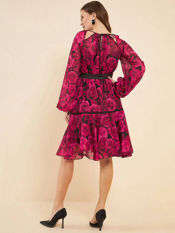 Antheaa Pink Floral Printed Puff Sleeves Gathered Detailed Chiffon Fit & Flare Dress