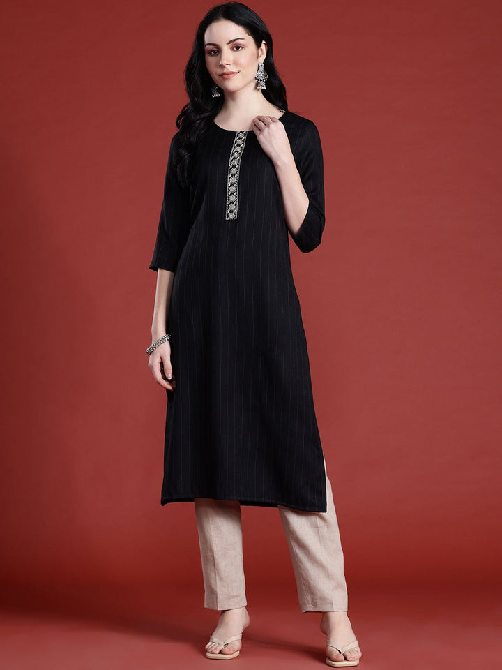 Anouk Woven Stripes Thread Work Detail Straight Kurta