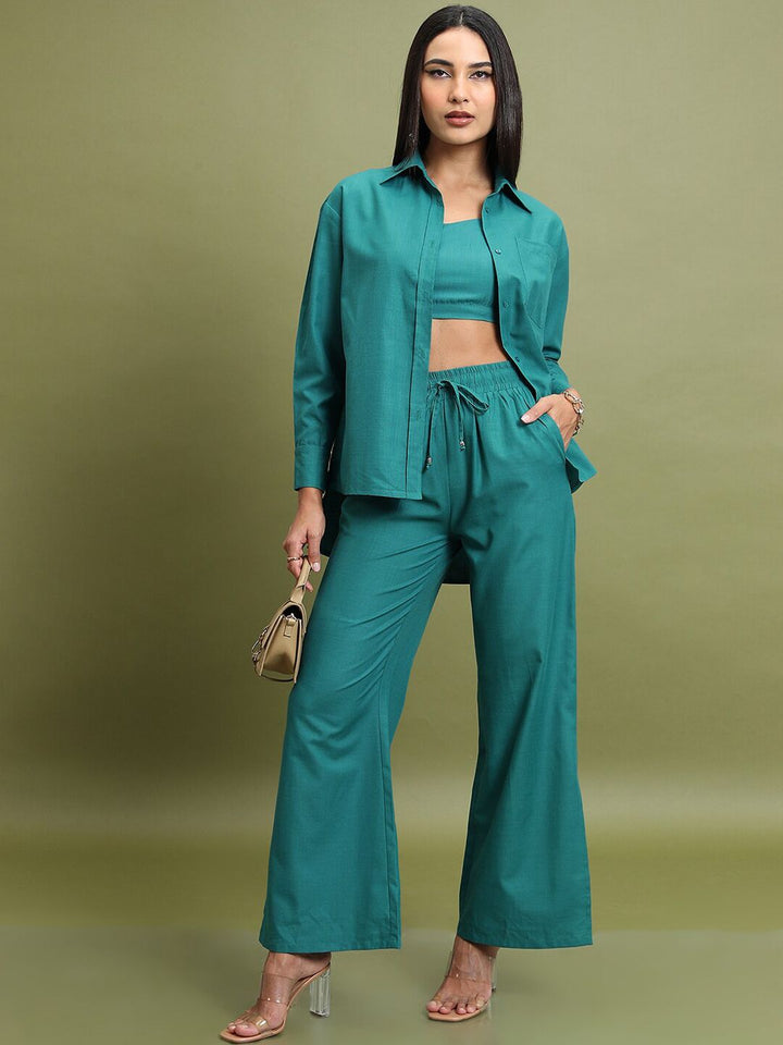 Tokyo Talkies Teal Green Shoulder Strap Crop Top With Trouser & Shirt