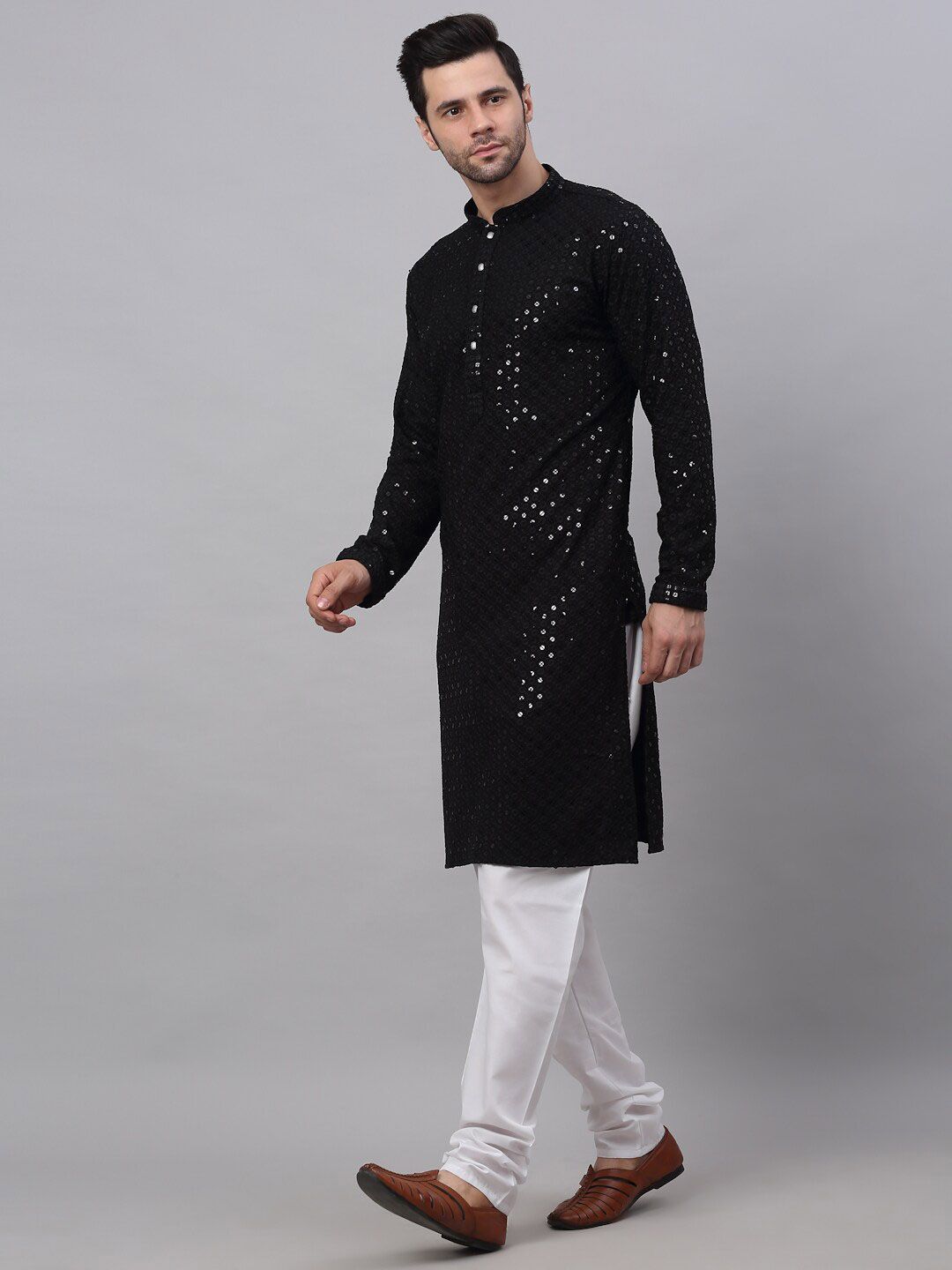 Jompers Men Black Floral Embroidered Chikankari Pure Cotton Kurta with Churidar