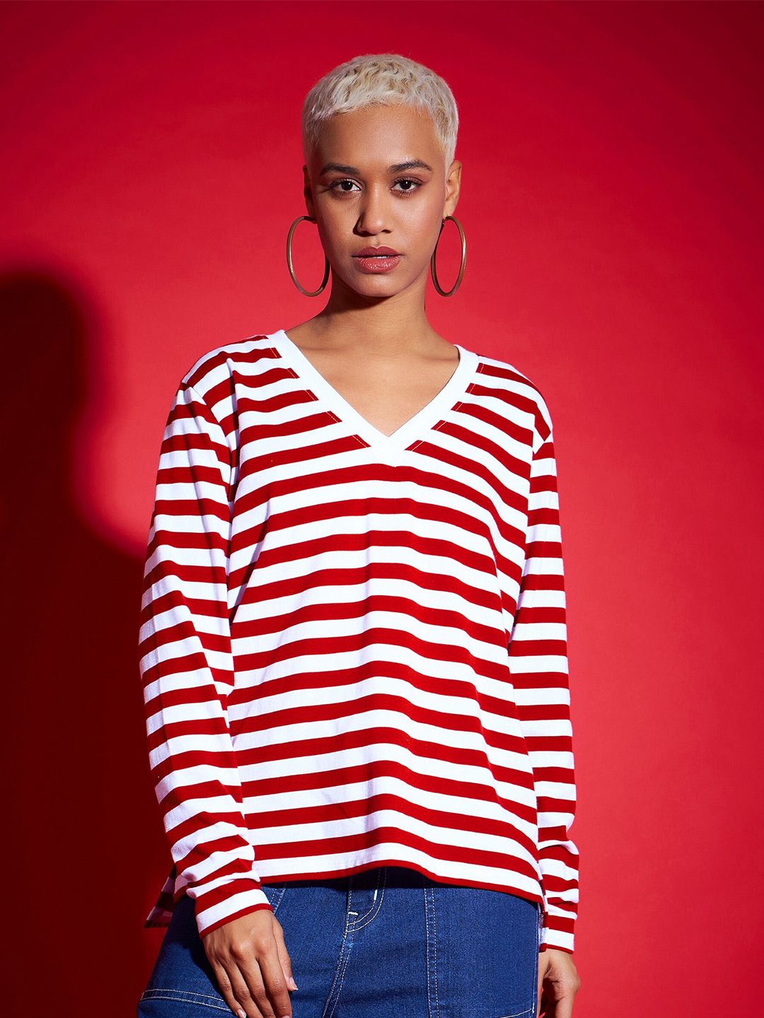 SASSAFRAS Red Striped V-Neck Long Sleeves Pure Cotton Pullover Sweatshirt