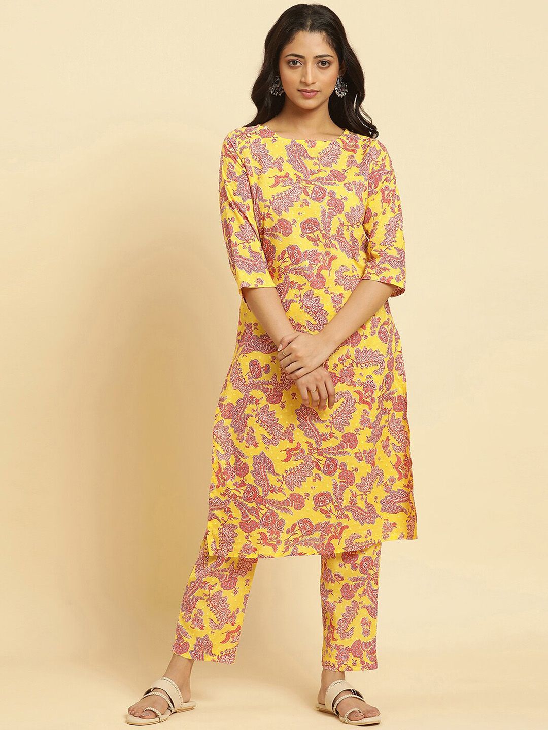 W Floral Printed Regular Pure Cotton Kurta with Trousers