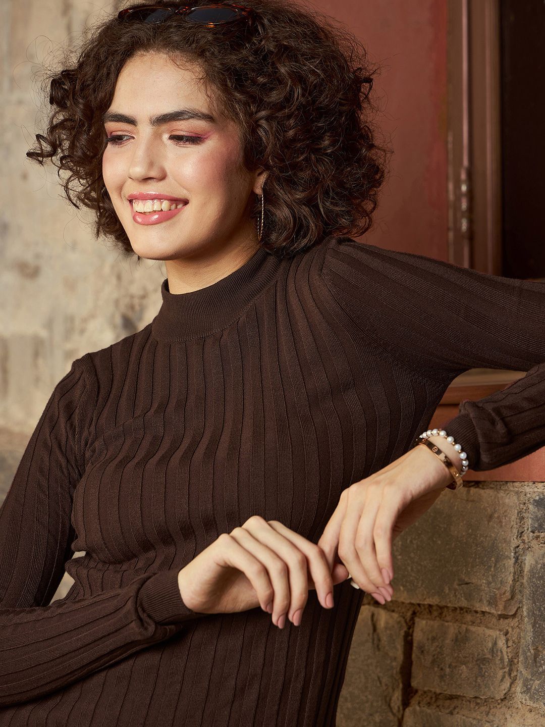 SASSAFRAS Brown Ribbed High Neck Nylon Pullover Sweater