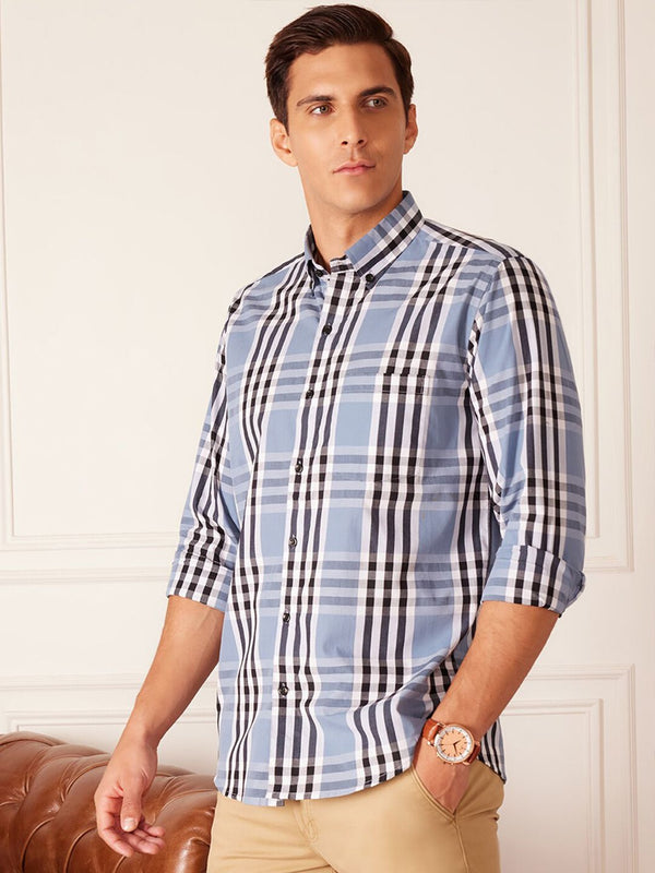 Dennison Smart Tartan Check diperiksa Button-Down Cotton Casual Shirt