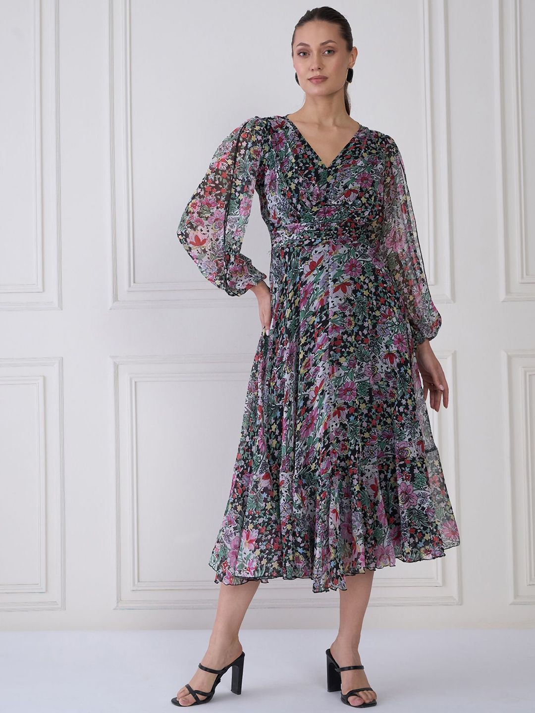Antheaa Floral Print Chiffon Midi Fit and Flare Dress