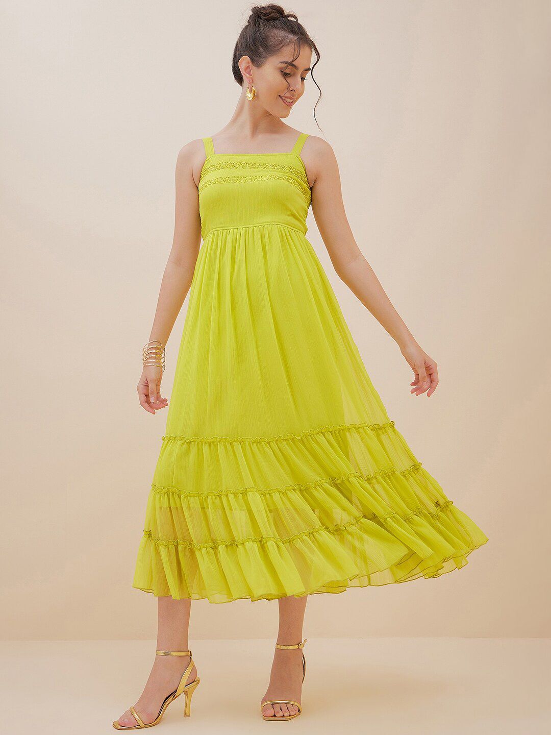Antheaa Embellished Sequinned Tiered Chiffon Empire Midi Dress