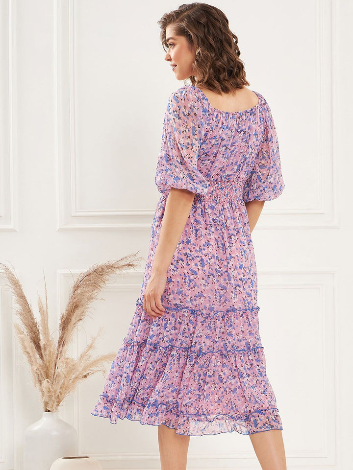 Antheaa Square Neck Floral Printed Tiered Chiffon Fit & Flare Midi Dress