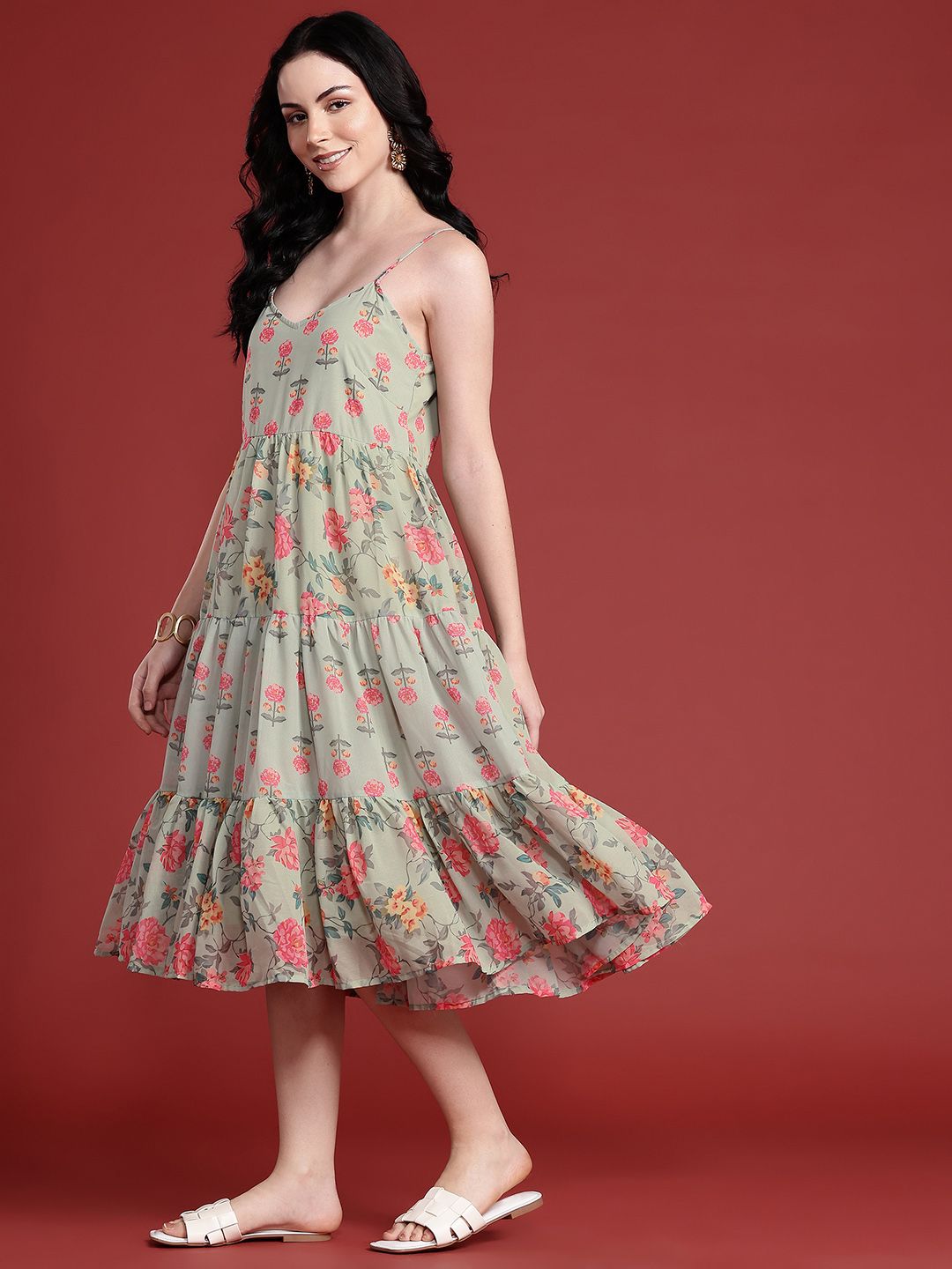 Anouk Floral Printed Tiered A-Line Ethnic Dress