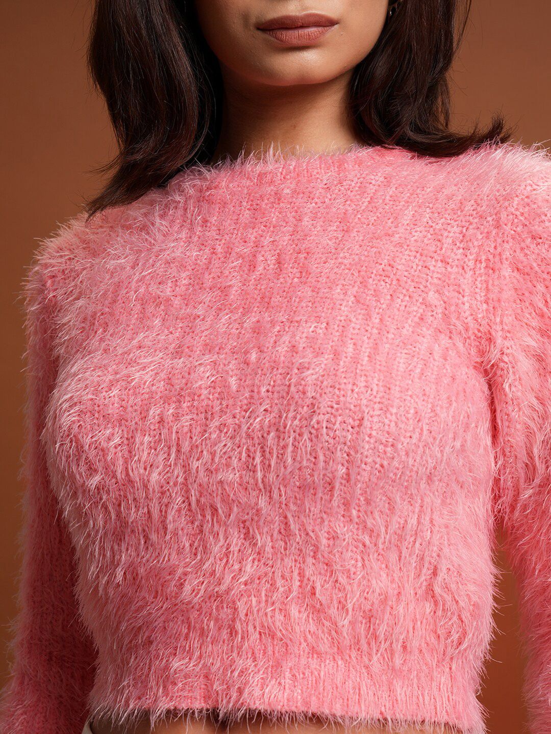 Tokyo Talkies Pink Self Design Acrylic Crop Pullover