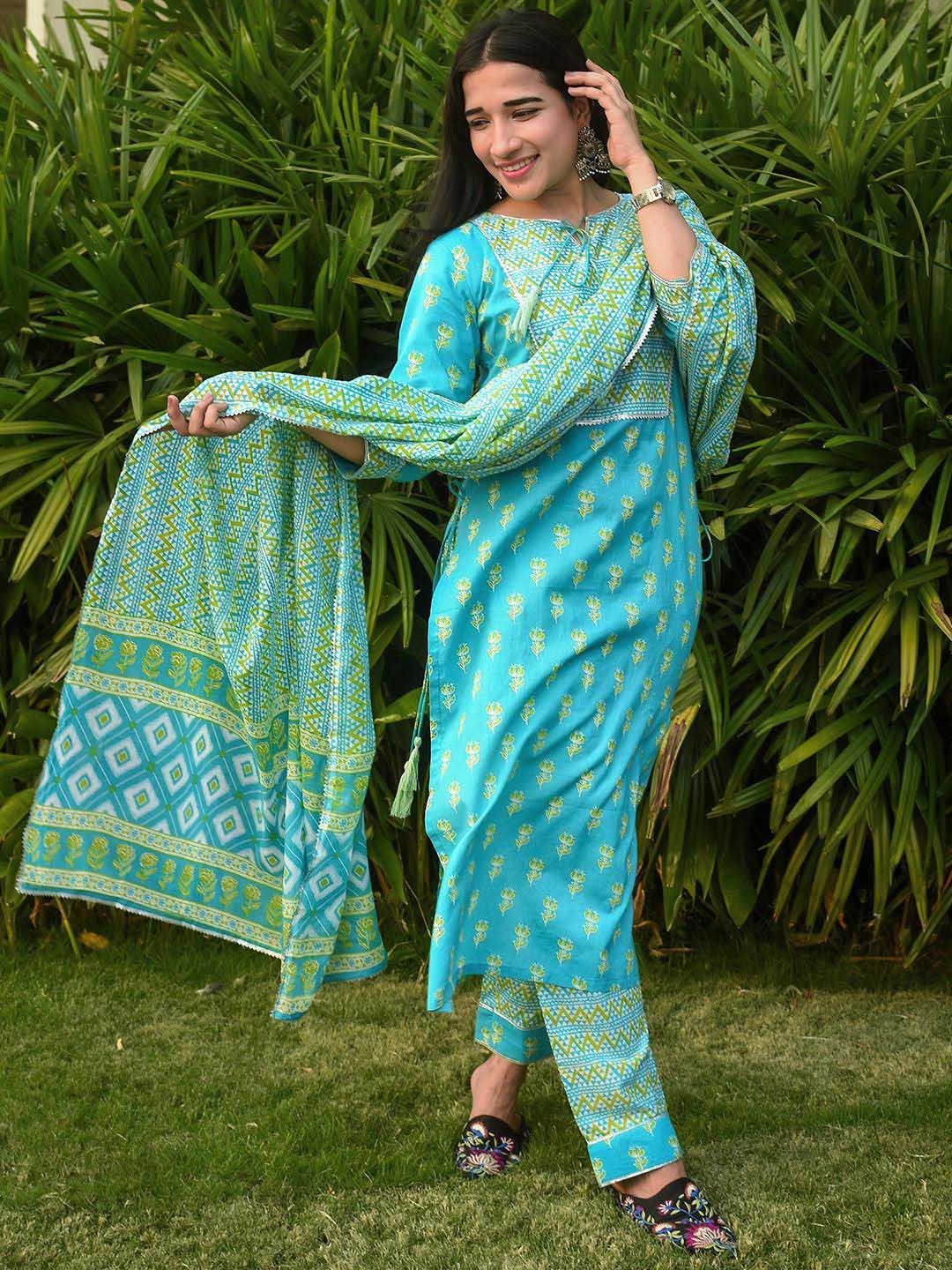 Libas Women Blue Floral Printed Regular Gotta Patti Pure Cotton Kurta with Trousers & With Dupatta