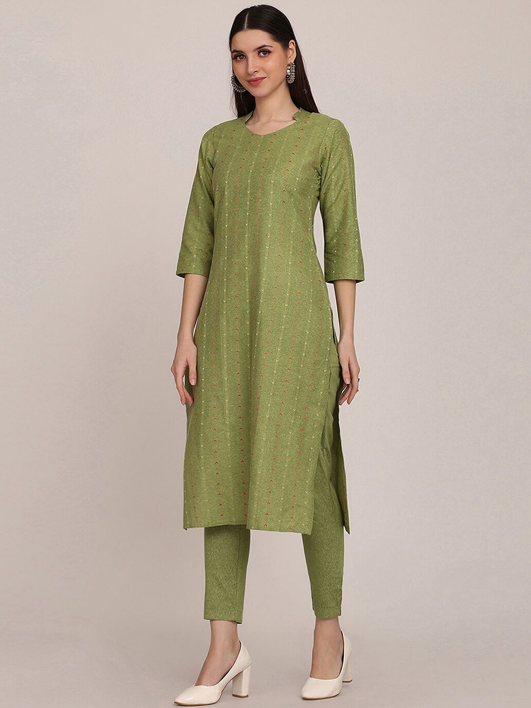 KALINI Geometric Woven Design Mandarin Collar Straight Kurta With Trouser
