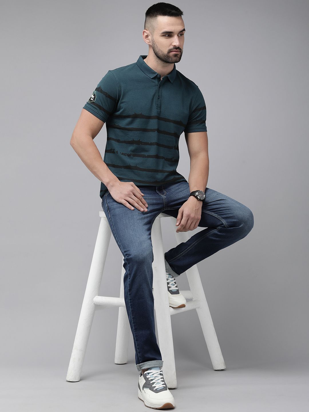 SPYKAR Pure Cotton Striped Polo Collar Slim Fit T-shirt