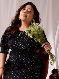 CURVY STREET Black Polka Dots Printed Flared Round Neck Puff Sleeve Blouson Dress