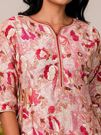 Libas Pink Floral Printed Straight Three-Quarter Sleeves Gotta Patti Kurta With Palazzo