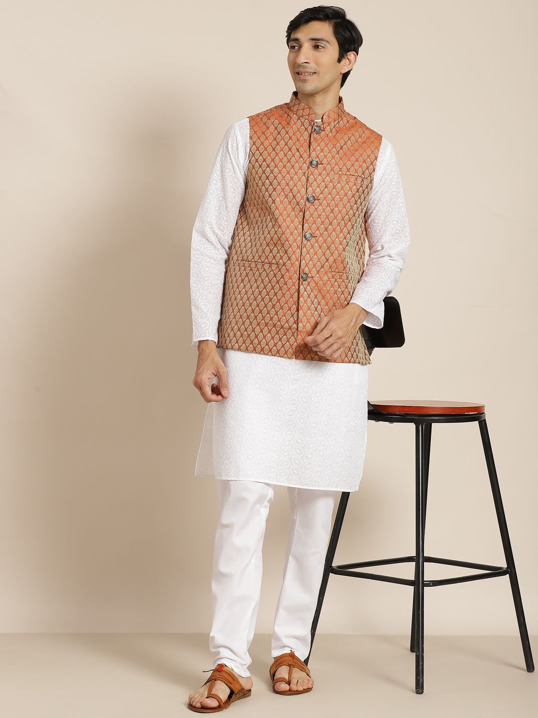 SOJANYA Men White Chikankari Pure Cotton Kurta with Churidar & Nehru Jacket