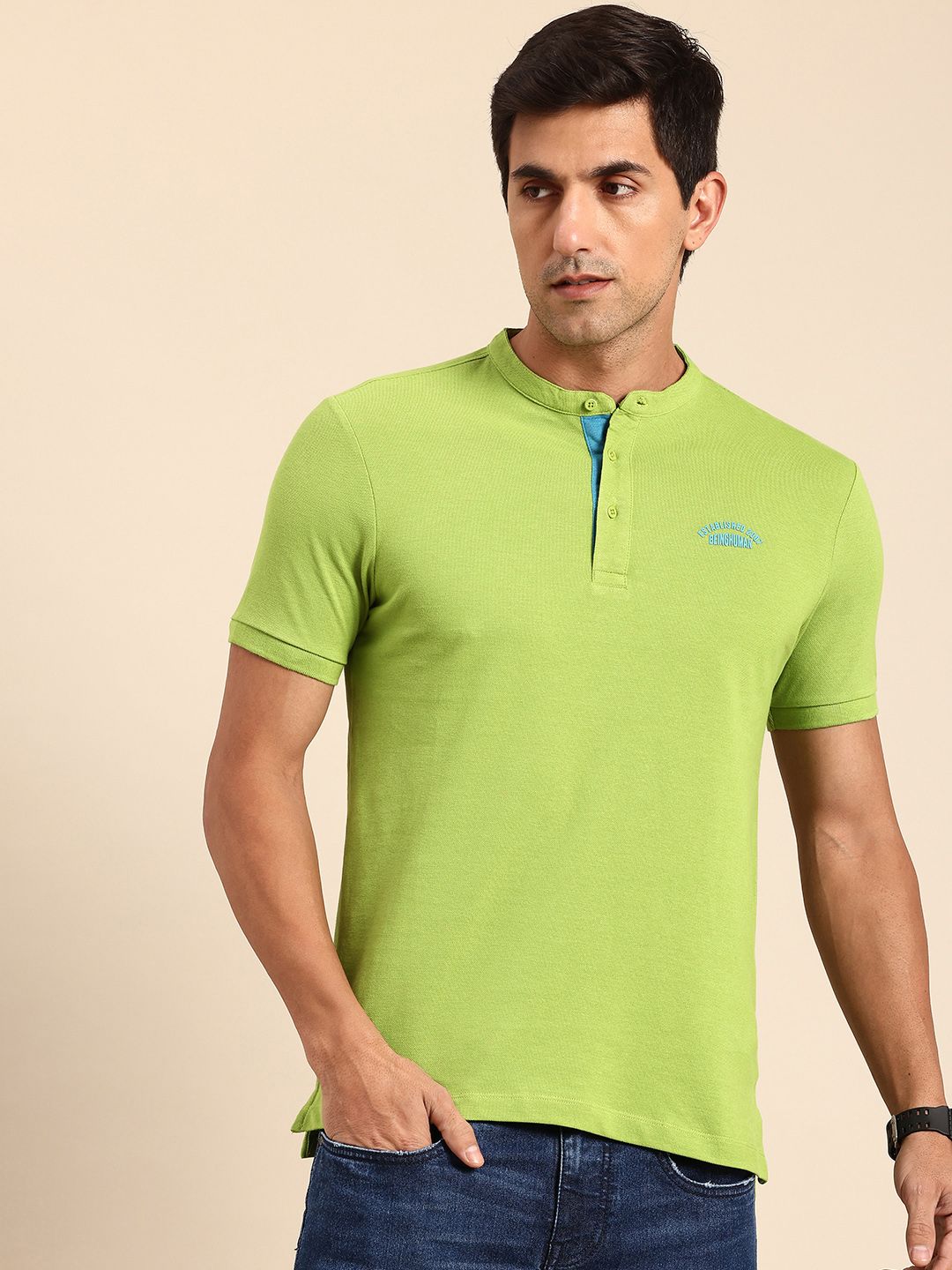 Being Human Henley Neck Pure Cotton T-shirt