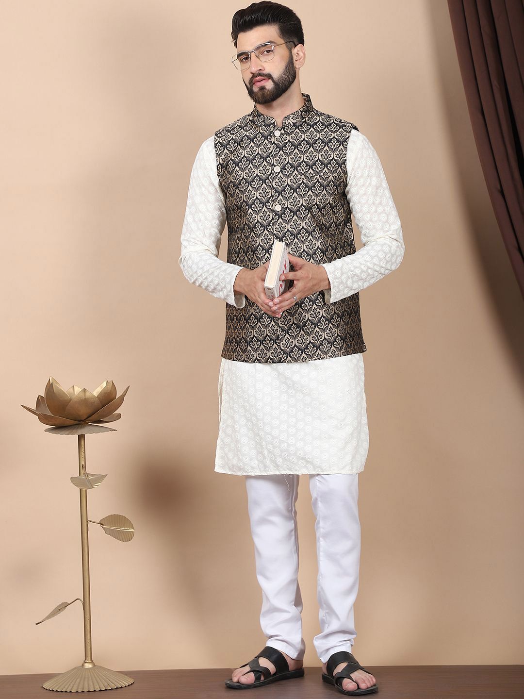Anouk Cream-Coloured Floral Embroidered Pure Cotton Kurta with Churidar & Nehru Jacket