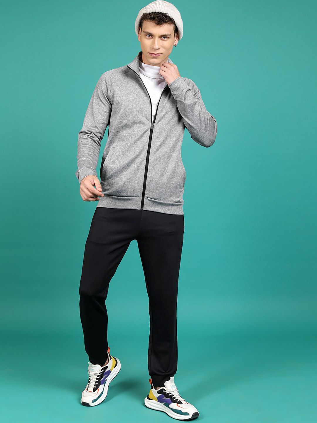 HIGHLANDER Grey Mock Collar Front-Open Sweatshirt