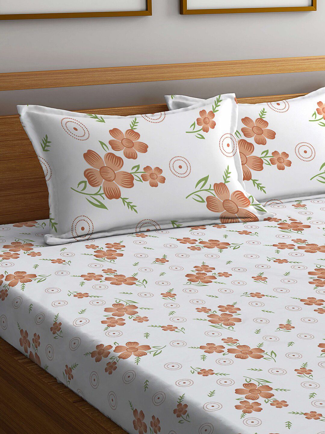 KLOTTHE White & Brown Printed 300TC Fitted Double King Bedsheet With 2 Pillow Covers