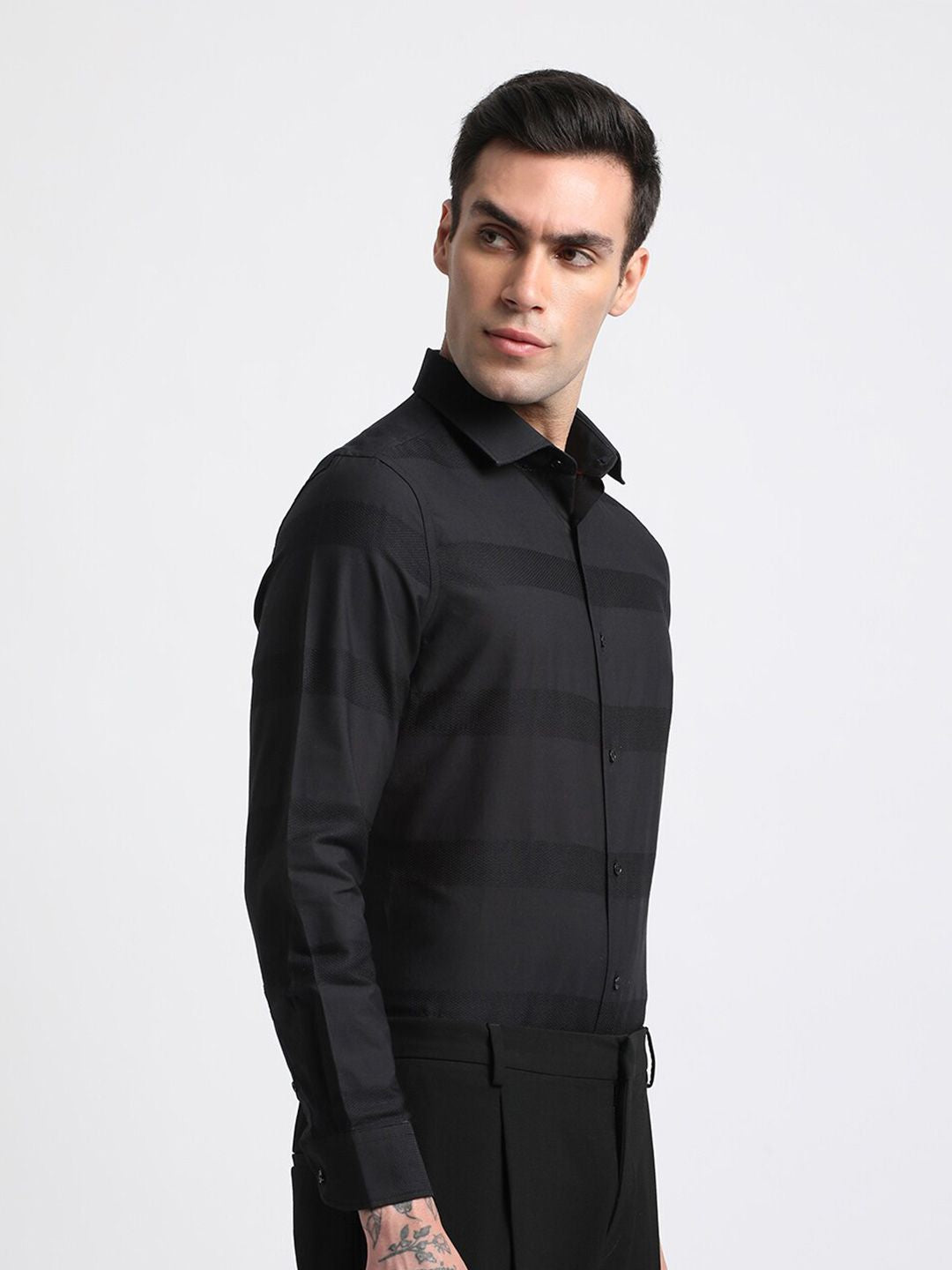 THE BEAR HOUSE Slim Fit Horizontal Stripes Pure Cotton Formal Shirt