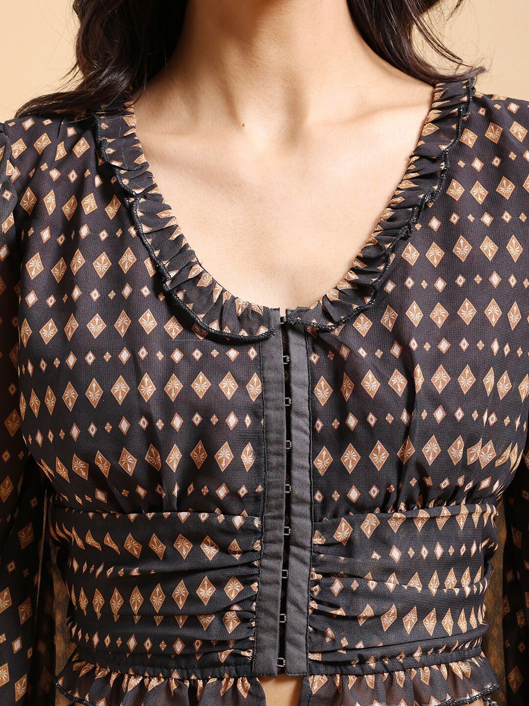 Tokyo Talkies Brown Geometric Printed Bishop Sleeves Ruffle Trim Ruched Crop Top