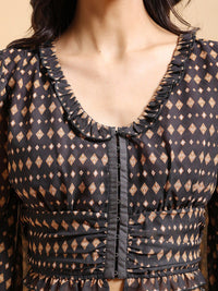 Tokyo Talkies Brown Geometric Printed Bishop Sleeves Ruffle Trim Ruched Crop Top