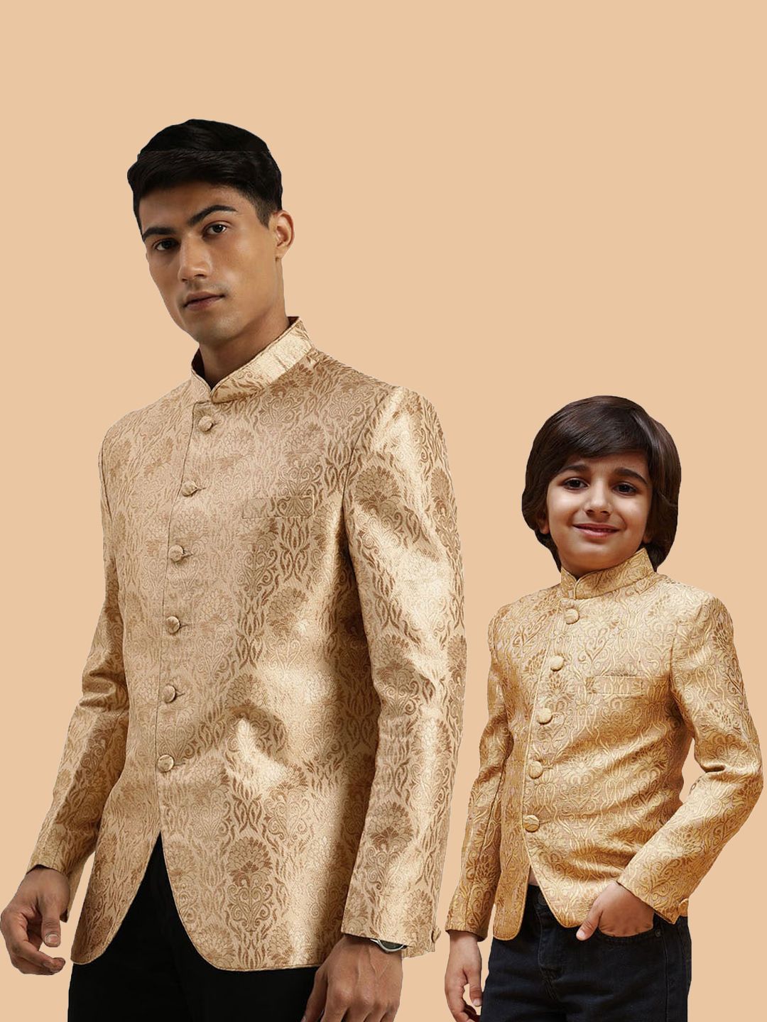 VASTRAMAY Boys Slim Fit Jacquard Woven Design Silk Bandhagala Blazer