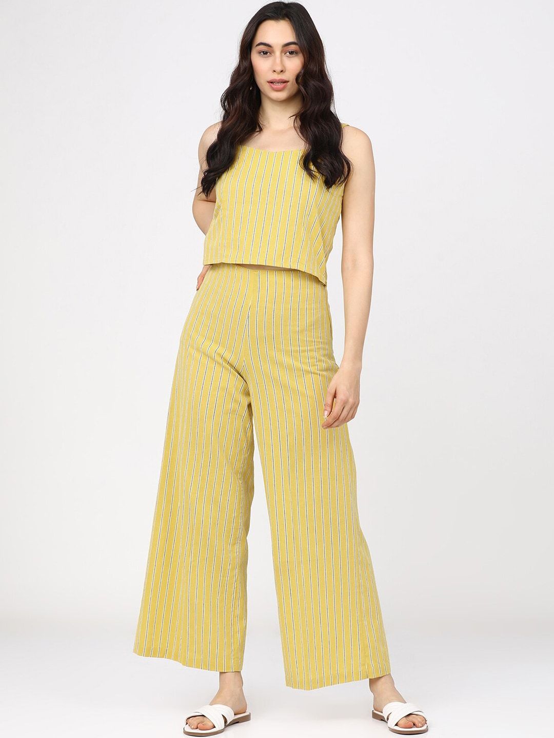 Vishudh Women Yellow Striped Regular Top with Palazzos & Jacket