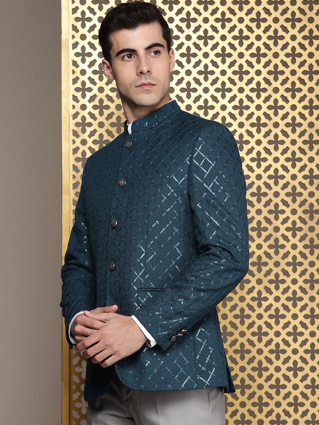 House of Pataudi Jashn Mandarin Collar Textured Sequinned Bandhgala Blazer