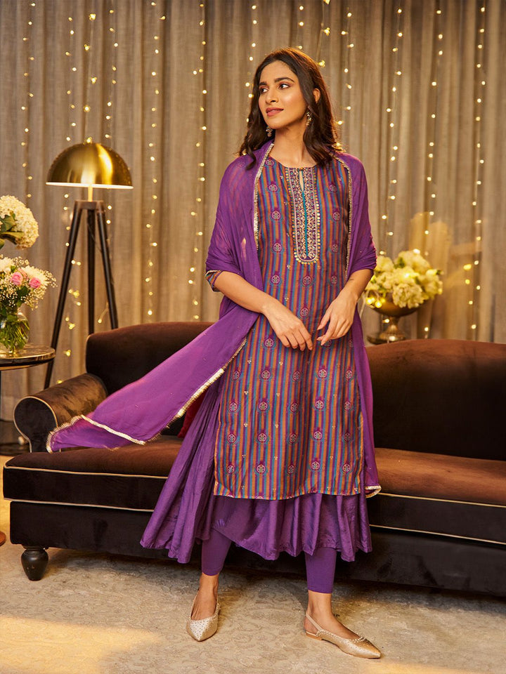 W Striped Sequined Kurta With Dupatta