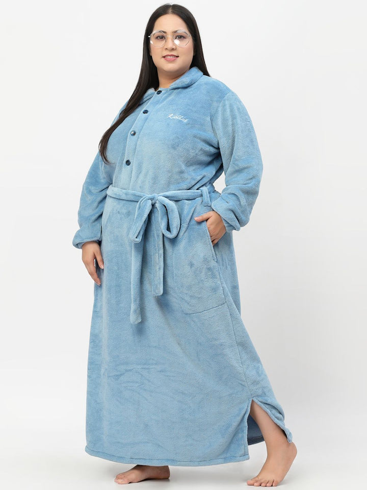 KLOTTHE Plus Size Long Sleeve Woolen Bath Robe With Belt