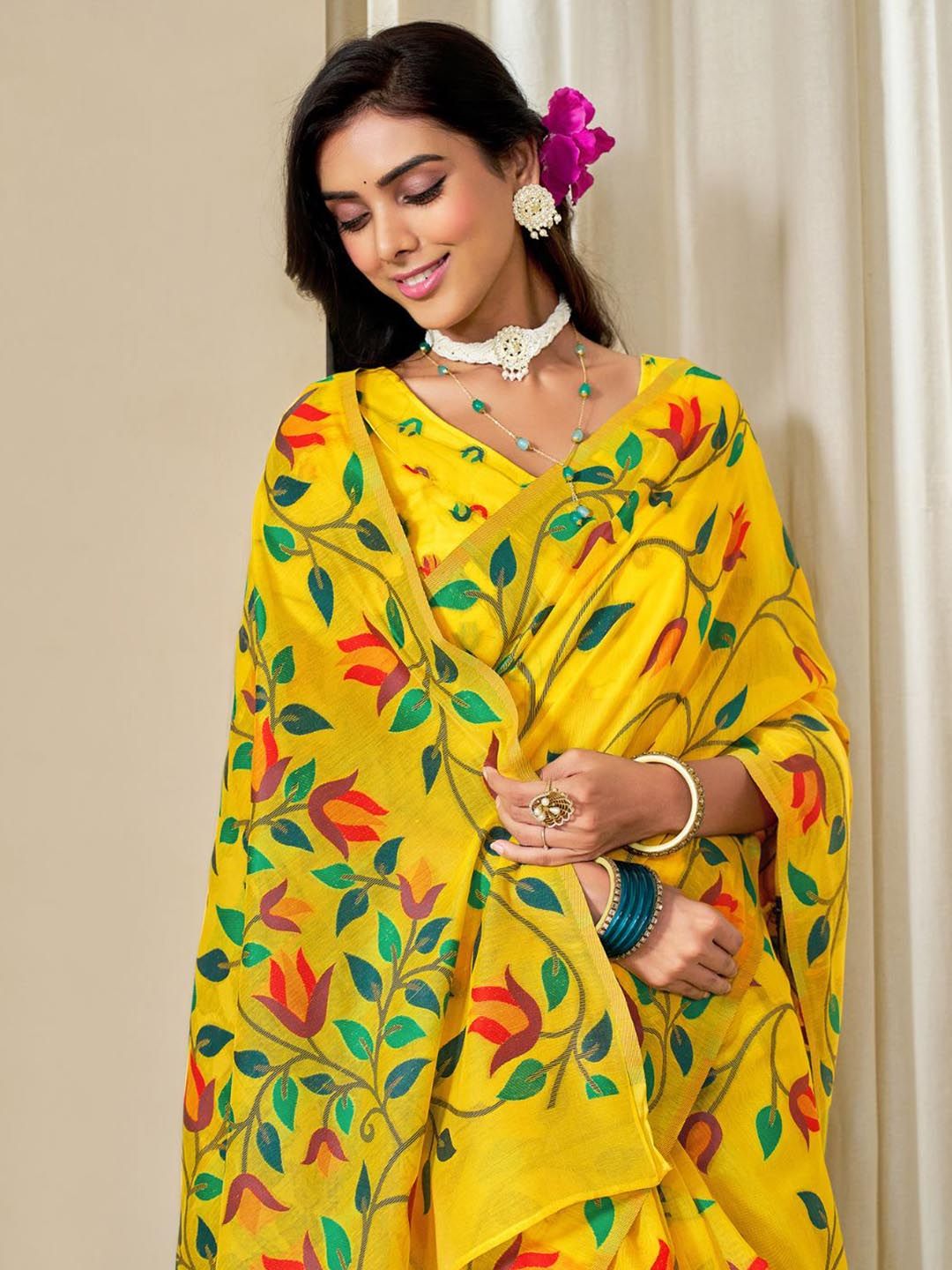 KALINI Yellow Pure Cotton Woven Design Sarees