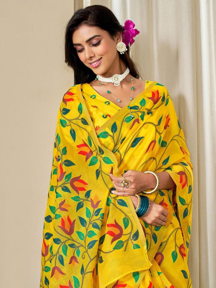 KALINI Yellow Pure Cotton Woven Design Sarees