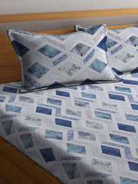 KLOTTHE Blue Geometric Pure Cotton 400 TC King Superfine Bedsheet with 2 Pillow Covers-98 x 89 inches