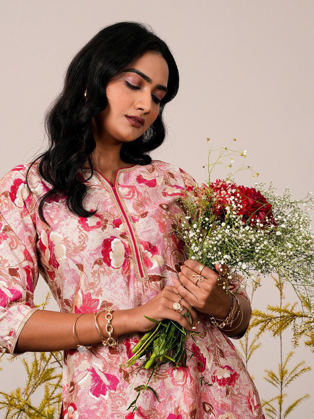 Libas Pink Floral Printed Straight Three-Quarter Sleeves Gotta Patti Kurta With Palazzo