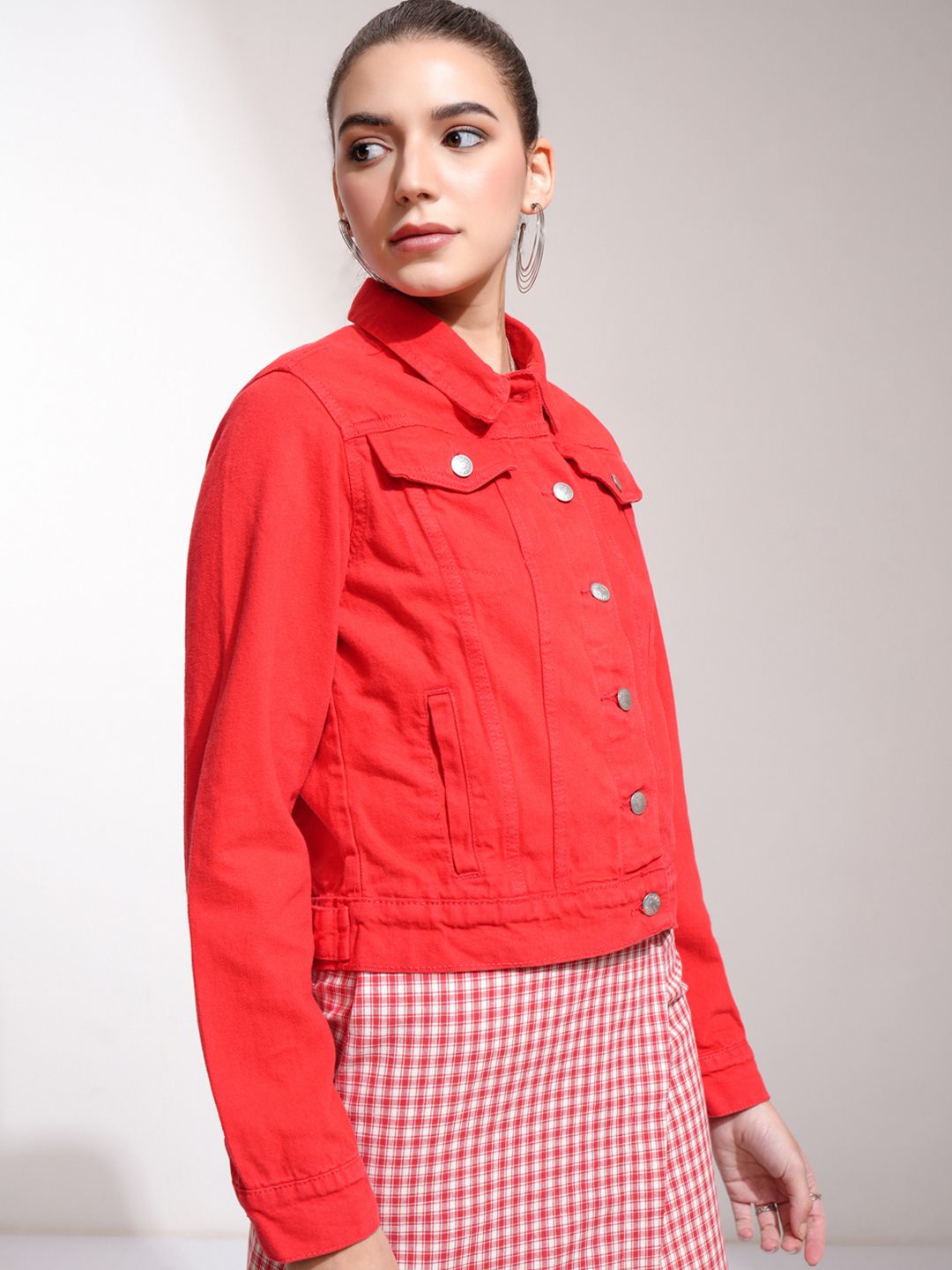 Tokyo Talkies Women Red Solid Denim Jacket