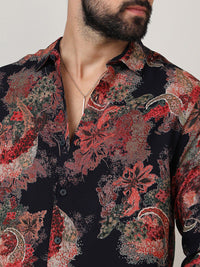 Campus Sutra Black Classic Floral Printed Spread Collar Casual Shirt