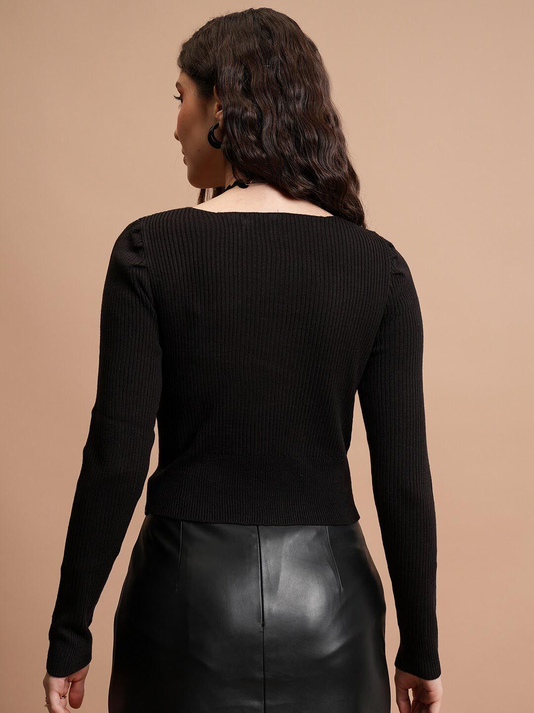 Tokyo Talkies Black Ribbed Crop Acrylic Front-Open Sweaters