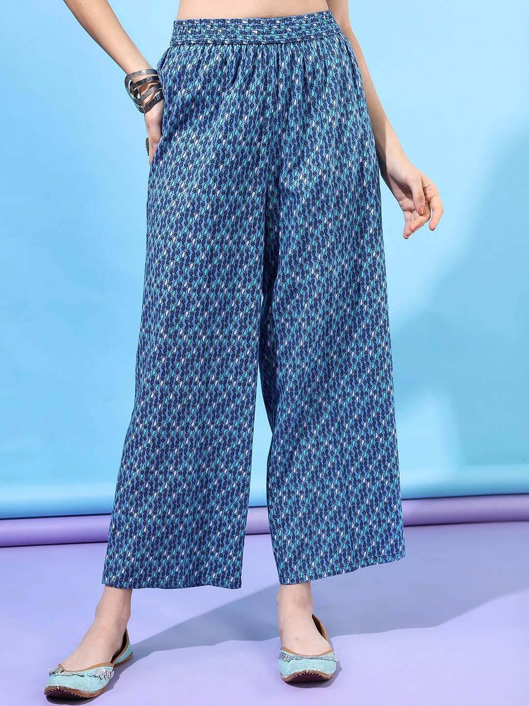 Vishudh Women Blue Ethnic Motifs  High Slit Pure Kurta With Palazzo & With Dupatta
