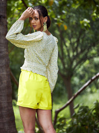 Athena Women Yellow Floral Print Smoked Detail Peplum Top