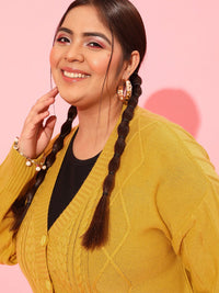 CURVY STREET Plus Size Women Yellow Cable Knit Acrylic Cardigan