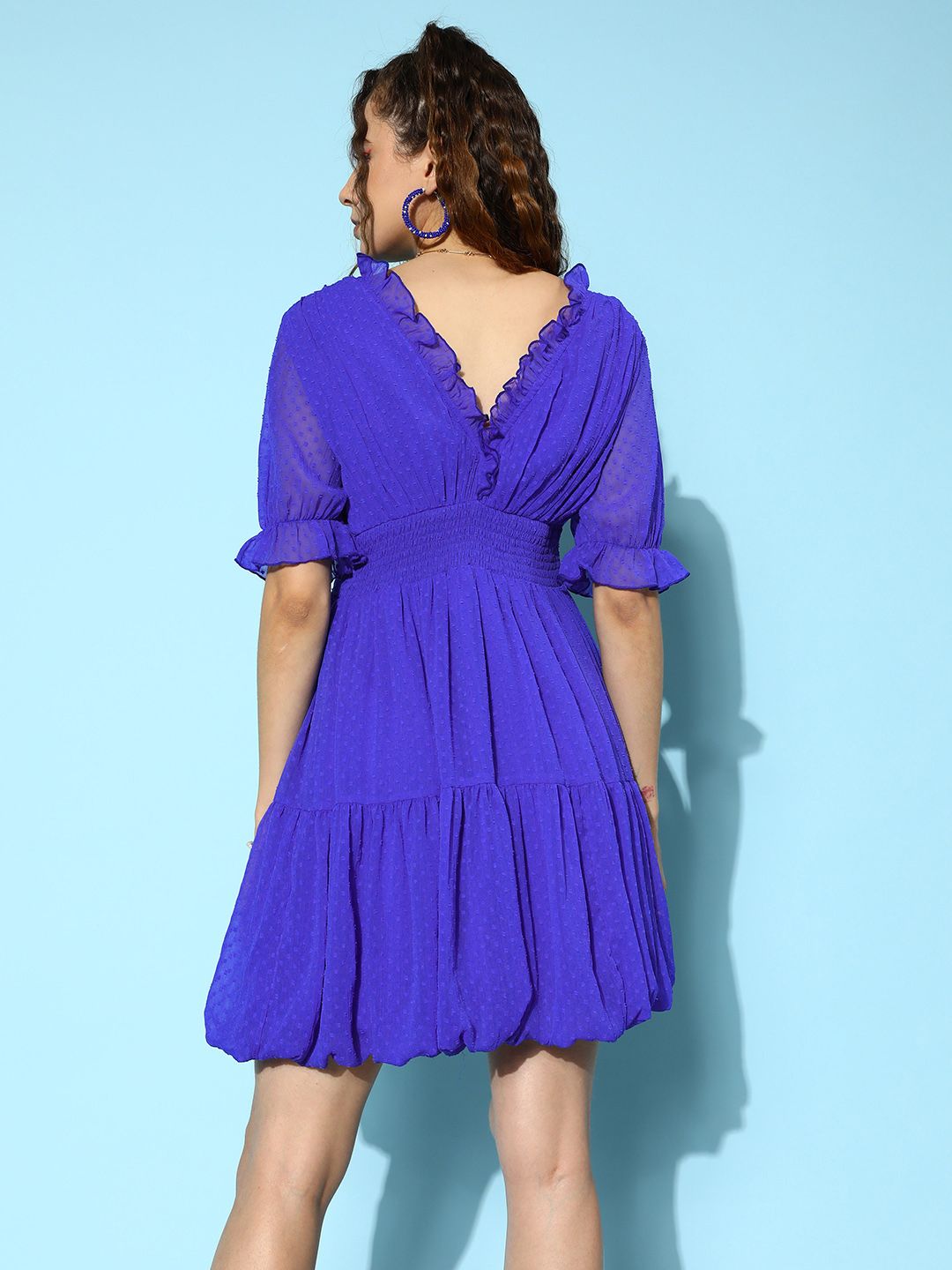 Antheaa Self Design Puff Sleeve Ruffled Chiffon A-Line Mini Dress
