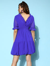 Antheaa Self Design Puff Sleeve Ruffled Chiffon A-Line Mini Dress